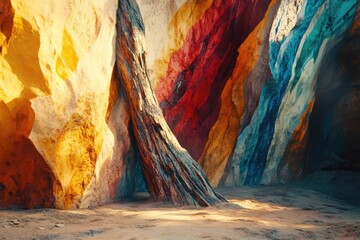Vibrant, abstract cave or canyon interior featuring a leaning, textured column against brilliantly colored, stratified rock walls in yellow, red, and blue hues.