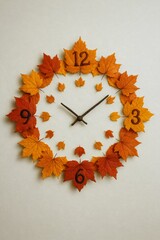 Creative Wall Clock Made From Colorful Maple Leaves ,Cozy Fall Vibes Background