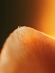 Close-up view of a delicate petal with a dew drop glistening in soft light during early morning hours in a garden setting