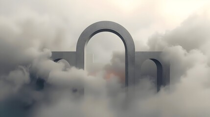 Ethereal abstract architectural arches, rendered in soft, muted tones of grey and white, appear to dissolve into swirling, atmospheric mist. The composition is minimalist, with clean lines.