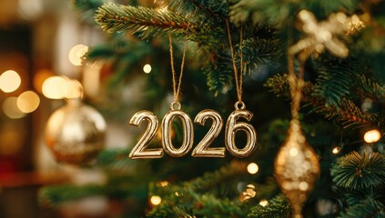 Golden 2026 ornaments on a Christmas tree