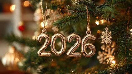 Gold 2026 ornaments hanging on a Christmas tree