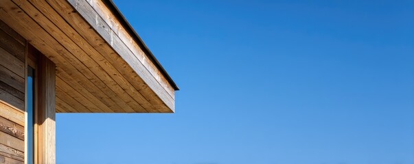 Wooden house eaves against a clear blue sky