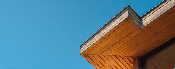 Wooden roof eaves against a clear blue sky
