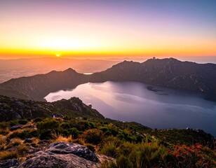 Obraz premium Sunrise Over Danau Gunung Tujuh - A Serene Mountain Lake View.