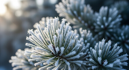 Close up of pine needles covered in frost creating a wintery and cold scene with a bright background