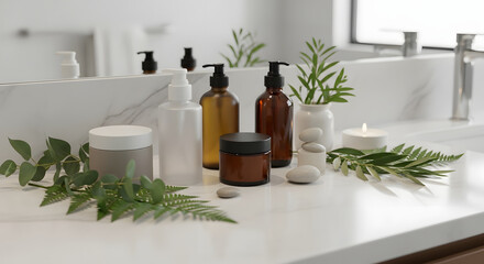 Still life of bathroom counter with skincare products and greenery in a bright airy space
