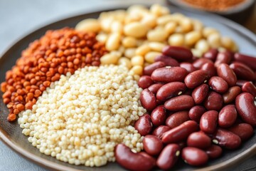 Colorful assortment of various grains and beans arranged neatly on a plate highlighting their unique textures and colors in a kitchen setting