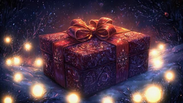 Festive gift box with intricate pattern and glowing bow in a snowy night scene