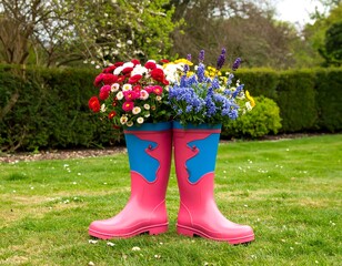 Colorful flowers overflowing from pink rain boots in garden