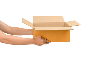 Hand holding a cardboard box isolated on transparent.
