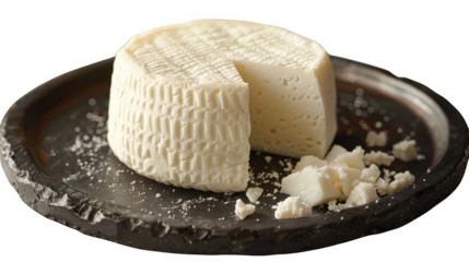Fresh white cheese wheel with a slice cut out on a dark plate, isolated on transparent background