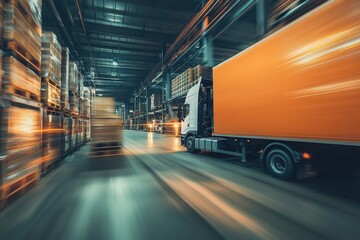 Busy warehouse scene with a truck moving swiftly through rows of stacked pallets during a late evening shift