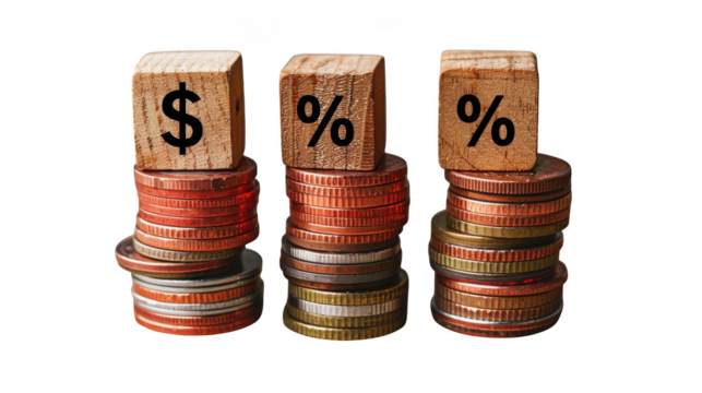 Three stacks of coins with wooden blocks showing dollar and percent signs, isolated on transparent background - Powered by Adobe