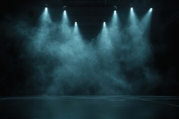 Soft blue lights illuminate a stage covered in mist during a performance in an indoor theater space at night