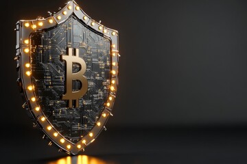 Shield design featuring a bitcoin symbol with circuit patterns and glowing lights in a dark setting, illustrating cryptocurrency security concepts