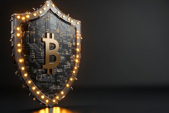 Shield design featuring a bitcoin symbol with circuit patterns and glowing lights in a dark setting, illustrating cryptocurrency security concepts