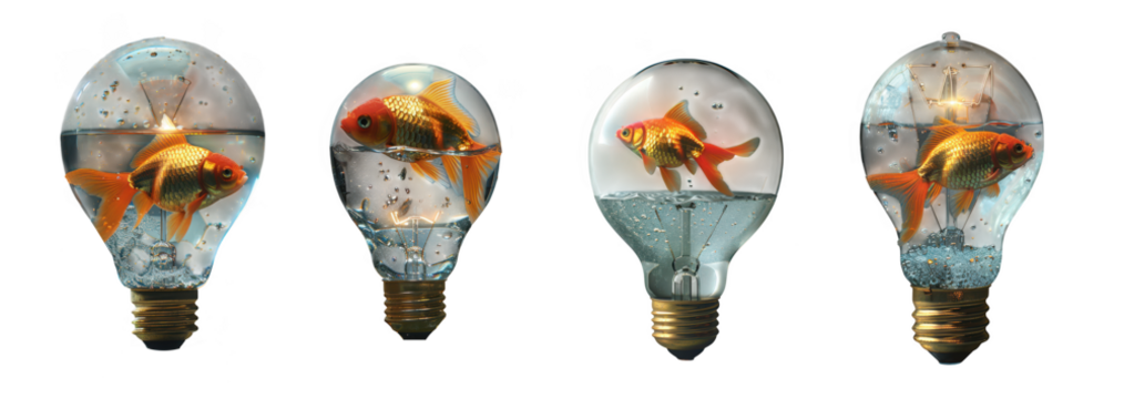Four goldfish swimming inside glass light bulbs filled with water, isolated on transparent background - Powered by Adobe