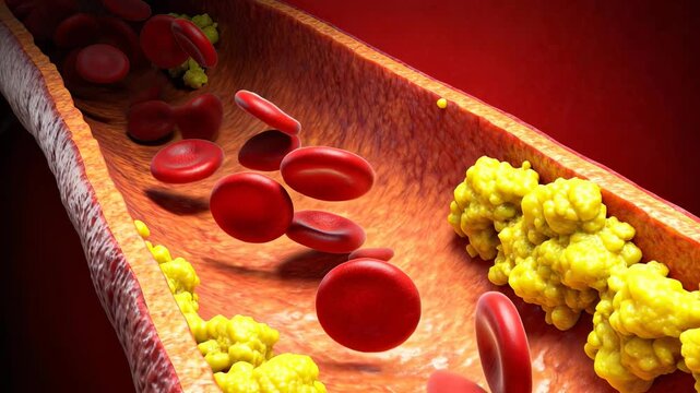 Red blood cells and cholesterol plaque buildup in a narrowed artery causing atherosclerosis.