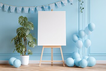 Blank canvas on easel, baby blue party setting