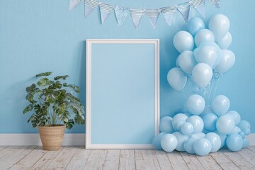 Light blue room, blank frame, balloons, party