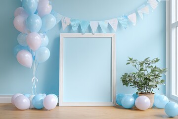 A light-blue room, decorated for a party, with a blank white frame