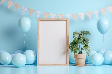 Light blue birthday party scene with blank frame
