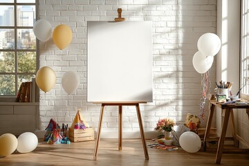 Blank canvas on easel in a sunlit room, decorated with balloons and party items