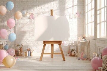 Blank canvas on easel in a pastel-toned art studio.  Pastel balloons, clothes, and art supplies fill the room. Sunlight streams through windows