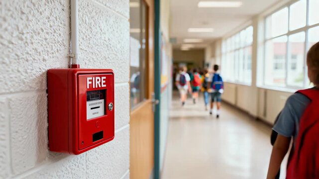 Fire alarm on school hallway wall with group of students walking blurred in the background during a fire drill.