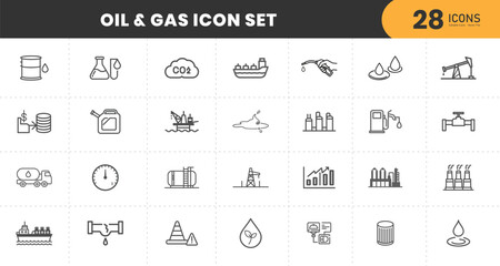  Oil and Gas Icon Set – Energy Industry Symbols with Petroleum, Pipeline, Refinery, Fuel, Barrel, Gas Station, Drilling, Pollution, and Industrial Vector Line Icons with isolated  Background 
