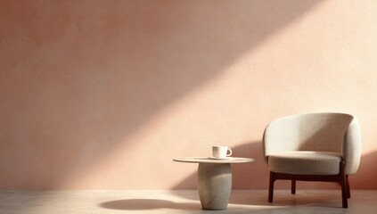 Minimalist room with a blush wall, accent chair, and small table