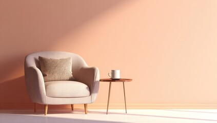 Beige armchair and coffee cup on a small table in a peach-toned room. Sunlight casts a soft shadow