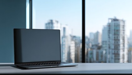 Laptop on a desk with a city view.  A dark gray laptop sits on a light gray desk, in front of a large window overlooking a blurred cityscape