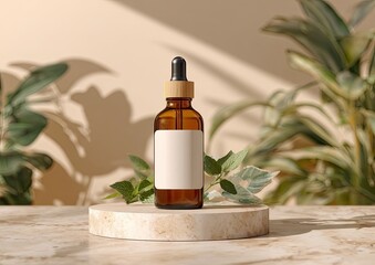 Amber glass dropper bottle on a light beige marble pedestal, surrounded by lush greenery