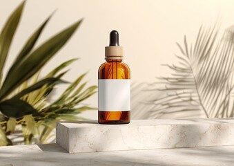 Amber glass dropper bottle on a marble platform, surrounded by tropical foliage, in a soft light