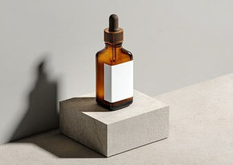 Amber glass dropper bottle on light beige pedestal