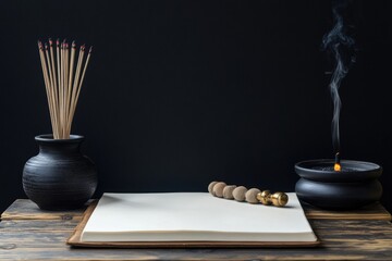 Quiet moments of reflection with incense and an empty notebook on a wooden table during a peaceful evening