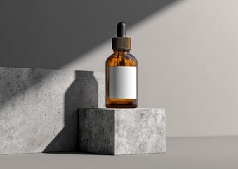 Amber glass dropper bottle on gray concrete cubes, minimal product presentation