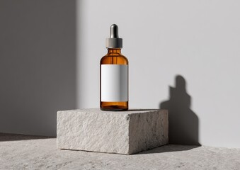 Amber glass dropper bottle with blank label on a light stone pedestal, bathed in natural light