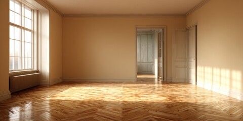 Empty room with light-filled parquet flooring