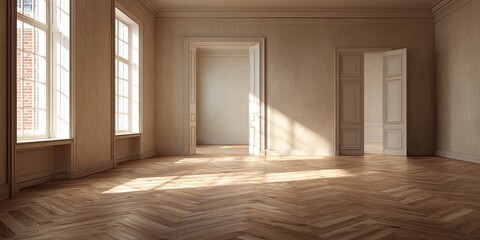 Empty room with sunlight streaming through large windows, highlighting herringbone parquet flooring