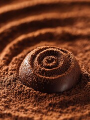Delicious chocolate truffle resting in rich cocoa powder with artistic swirls in a smooth surface