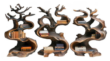 Three abstract treeshaped bookshelves filled with books, isolated on transparent background