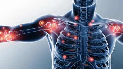 Medical representation of human joints with inflammation highlighting arthritis pain in shoulder, elbow, and hand.