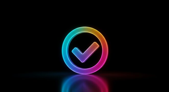 Vibrant neon glowing check mark inside a circle on a dark background with reflection symbolizing success approval and completion in a modern digital aesthetic - Powered by Adobe