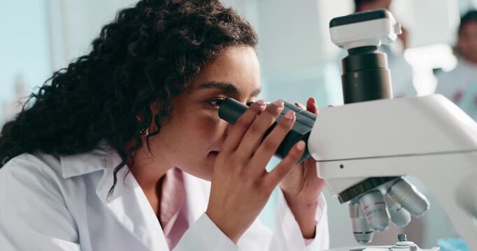 Research, science and woman in lab, microscope and medical experiment with study for cure. Person, expert and scientist in workplace, equipment and biotech with healthcare or analytics for dna sample