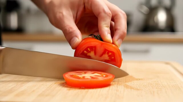 A hand grips the knife and slices into the tomato on the wooden cutting board. The sharp knife smoothly cuts through the red tomato under the focused hand's control.