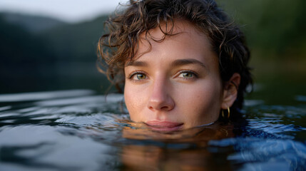 Fototapeta premium A mesmerizing portrait of a woman with curly hair emerging from the water, highlighting her expressive gaze and the enchanting reflections surrounding her in a serene ambiance.