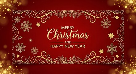 Elegant Merry Christmas and Happy New Year greeting card with golden snowflakes and swirls on red background.